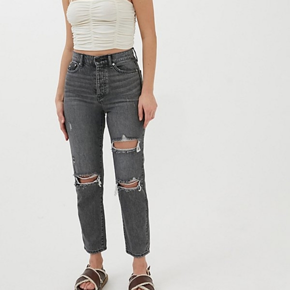 UO BDG Black Wash Distressed High Rise Slim Straight Jeans - Picture 2 of 11